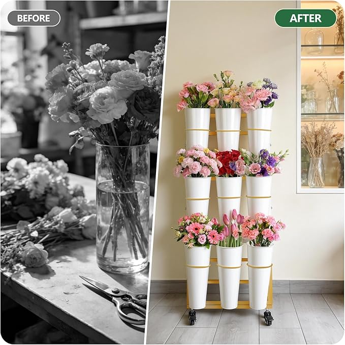 3FT Flower Display Stand with 9 Buckets,Metal Flower Bar Stand with Wheels,3 Layers Moving Florist Bouquet Shelf for Indoor Outdoor Garden,Flower Shop,Wedding,Party Decor (GOLD)