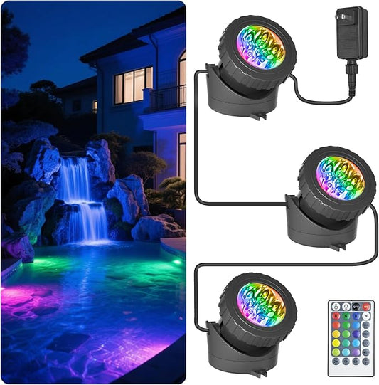 T-SUN Submersible LED Pond Lights, Color Changing Underwater Fountain Lights with Remote Control, IP68 Waterproof Landscope Spotlights for Fish Tank, Garden, Fountain, Pool (3 Heads)