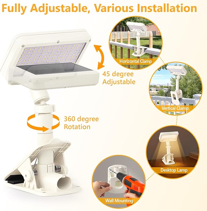 Clip On Solar Lights Outdoor with Motion Sensor, 360°Rotatable & Vertically Adjustable Solar Fence Lights with 92 LEDs (600 LM, 3000 K),IP65 Waterproof Security Light for Deck, Gutter（White, 4 Pack）