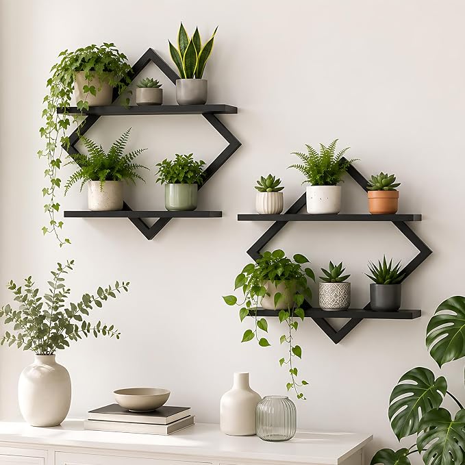 2 Pack Wall Planters for Indoor Plants, Black | 2-Tier Floating Wall Shelves, Wall Mounted Plant Holder Stand, For Bathroom Living Room Bedroom Kitchen Office