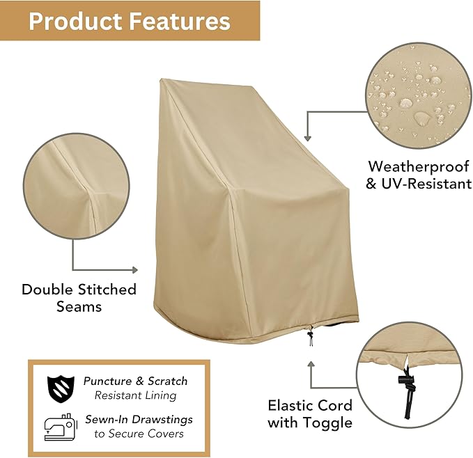 Shine Company Weatherproof Outdoor Rocking Chair Cover, 100% Woven Polyester, Elastic Cord with Toggle, Khaki