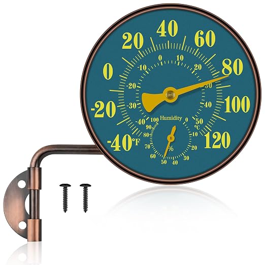 4 Inch Outdoor Thermometer and Humidity Gauge, Brass Retro Wall Mount Analog, Waterproof Temperature Hygrometer with Large Easy-Read Dial for Patio, Garden, Garage, Greenhouse