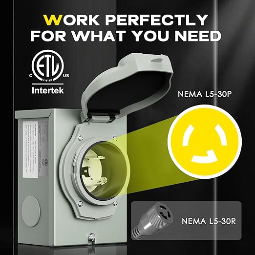 Rophor 30 Amp Generator Power Inlet Box, NEMA L5-30P Power Inlet Box for 3 Prong Generator Cord, 125 Volt, 3750 Watts, Weatherproof, Outdoor Use, ETL Listed