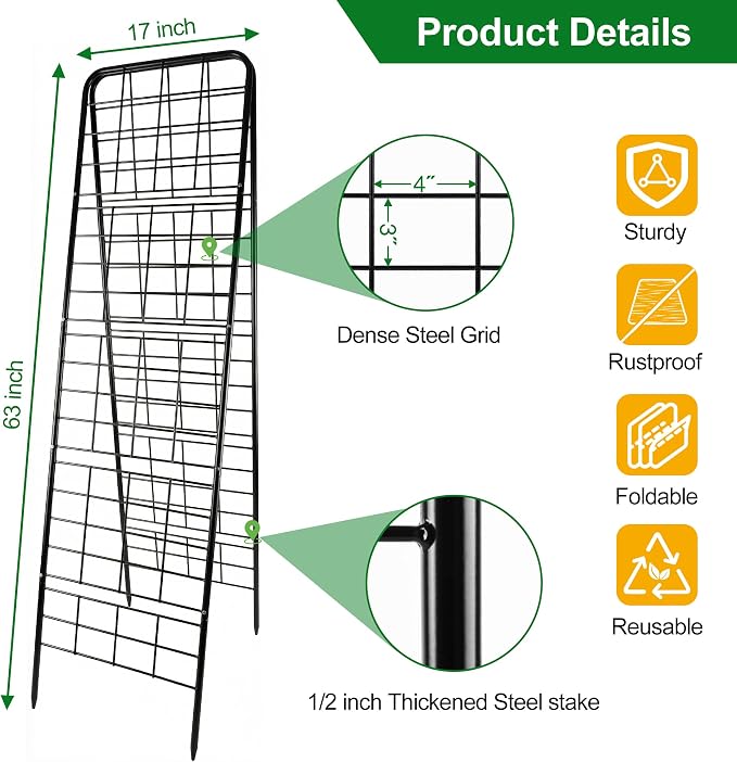 WAENLIR 63x17inch Cucumber Trellis Tomato cage with Dense Steel Grid–A-Frame Heavy Duty Metal Trellis for Raised Beds, Cattle Panels for Garden Trellis for Climbing Plants Outdoor (Black, 63x17inch)