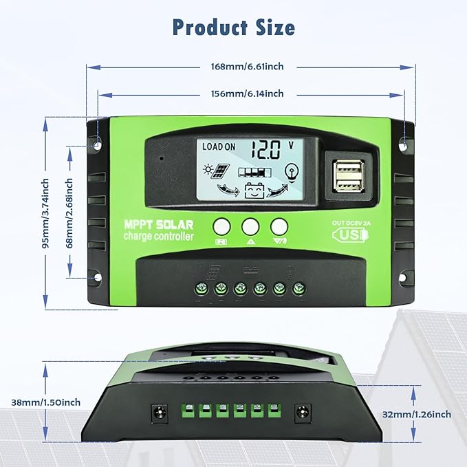 30A MPPT Solar Charge Controller, 12V/24V Auto Tracking Solar Panel Regulator with LCD Display Dual USB Port Multiple Load Control Modes Timer Setting, Fit for Gel Sealed Flooded and Li Battery(Green)