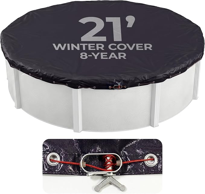 Blue Wave 8-Year 21-ft Round Above Ground Pool Winter Cover | Solid polyethylene, heat-sealed seams, underside, cable, winch, grommets, 4-ft overlap, 8-yr support, blocks debris & snow
