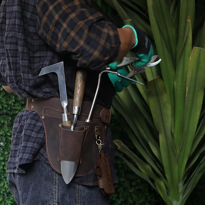 Tourbon Genuine Leather Florist Tool Belt Gardening Bag Gardener Farmer Tools Holster Waist Pouch Electrician Carpenter Organizer Kit 3 Pockets (Brown, 42 inches)