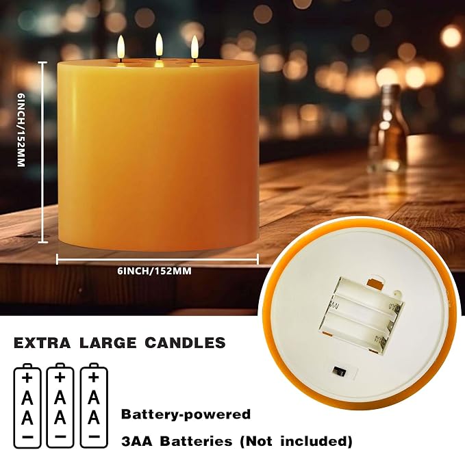 Orange Extra Large Flameless Candle 6"x6" 3 Wick Battery Operated Real Wax Pillar with Remote & Timer Flickering Flame LED Candle Orange for Halloween, Christmas Home Decor
