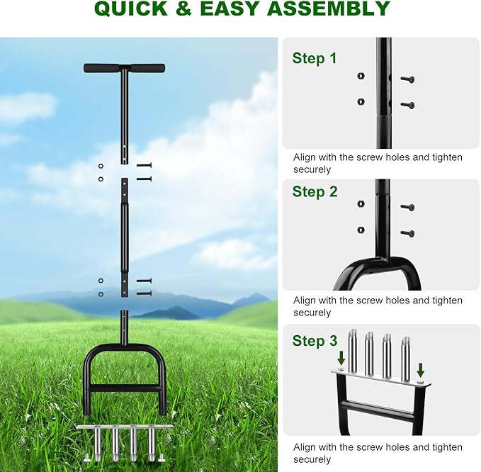 Lawn Core Aerator Tool Coring Grass Aerator Lawn Tool 4 Hollow Tines for Efficient Aeration Heavy Duty Steel Manual Plug Aerator for Lawn Care/Yard Soil Loosening/Grass Maintenance (Silvery) (Black)