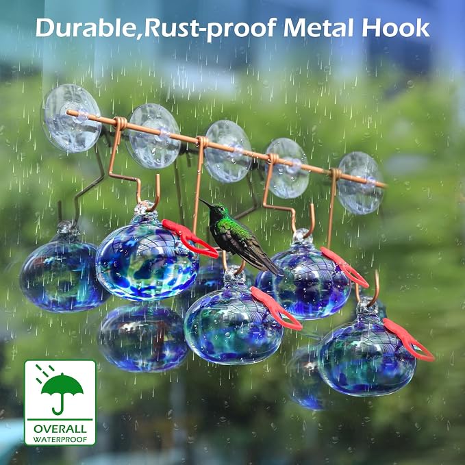 Pozfun Set of 3 Hummingbird Feeders for Outdoors Hanging,Hand-Blown Glass Hummingbird Feeder with Silicone Feeding Perch,Never Leak,Gardening Gifts for Woman Man