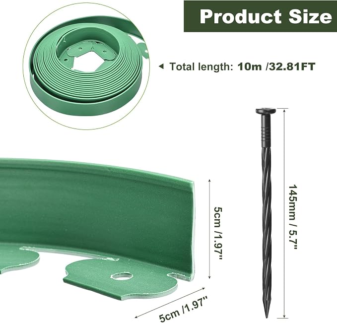 uxcell Landscape Edging, 1Pcs 33FT x 2" - Garden Edging Kit with 30 Stakes, Landscape Edging Border for Garden Lawn Flower Bed Yard Grass (Green)