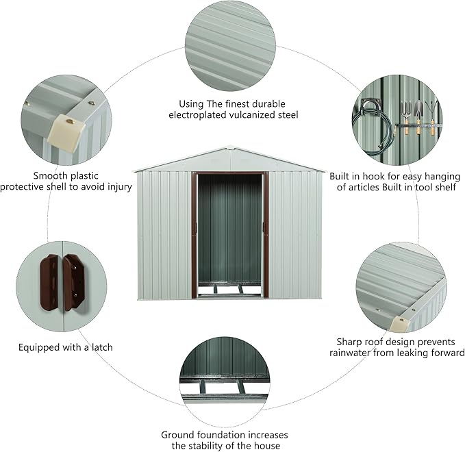 YOPTO 8Ft x 4Ft Outdoor Metal Storage Shed with Side Window, Garden Tool Shed w/Sliding Doors & Lock, Floor Base and Air Vents, Utility Storage House for Backyard Lawn, White