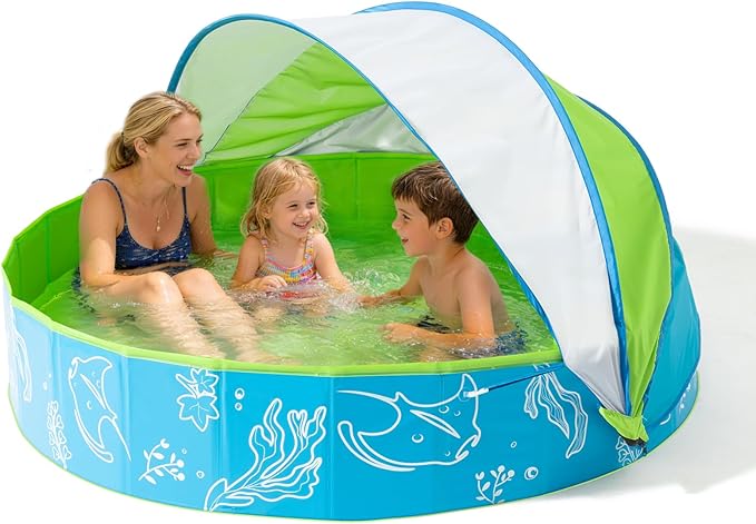 Hikiddy Foldable Kiddie Pool with Canopy: 31.5in/ 47in /63in for Baby Toddler Kids Family - Summer Water Play Pool with Shade - Portable for Outdoor Backyard Beach (Blue-Green, 63in)