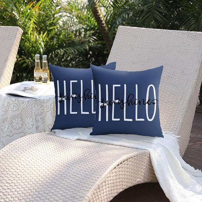 DFXSZ Outdoor Pillow Covers 16x16 Inch Set of 2 Hello Sunshine Decor Blue Waterproof Summer Outdoor Pillowcases Decor for Patio Funiture Garden Sofa Couch 020K16