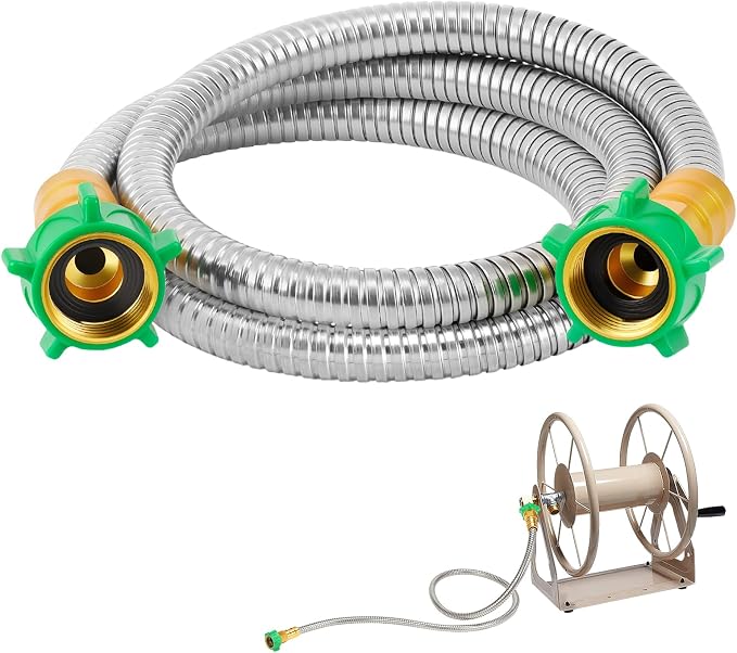 5ft Short Garden Hose with Double Female Connectors - Metal Leakproof Leader Hose for Hose Reel, Heavy Duty 304 Stainless Steel Flexible Hose for Outdoor Garden Watering Car Pet Cleaning