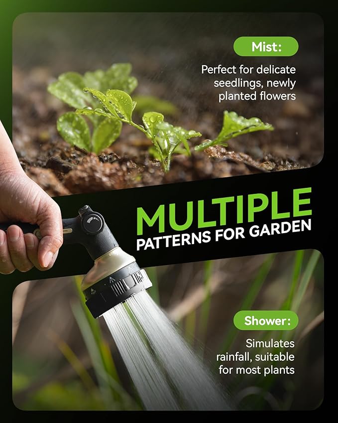 RAINPOINT Hose Sprayer Nozzle Heavy Duty - 8 Spray Patterns Garden Hose Nozzle with Adjustable Flow Control for Watering Plants, Washing Cars,Washing Pets, Thumb Control (Black)