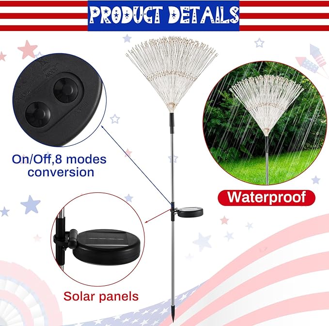 Tujoe 6 Pcs 4th of July Solar Firework Lights Patriotic Solar Light Outdoor Garden 120 LED 8 Modes Waterproof LED Sparkler Light for 250th Anniversary Patio Yard Pathway Walkway (Patriotic Colors)