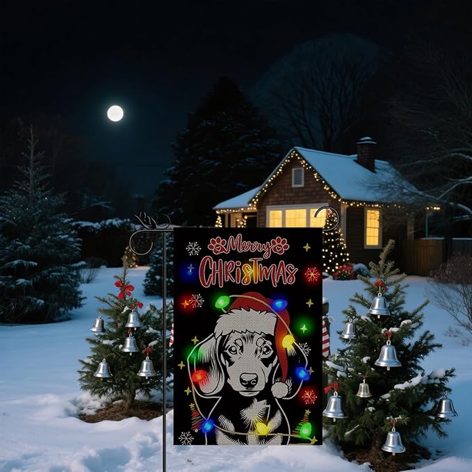 Christmas Dog Garden Flag - Led Dachshund Christmas Decor for Outside, Welcome Garden Flags Double-Sided for Seasonal Winter Farmhouse Yard Lawn Decoration Gifts 12x18 inches