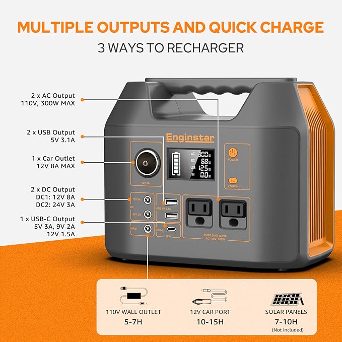 Enginstar Solar Generator, 296Wh Portable Power Station, 110V Pure Sine Wave, 80000mAh Backup Battery Power Supply for CPAP Outdoor Camping, Traveling, and Emergencies