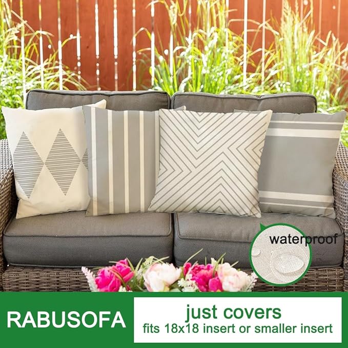 RABUSOFA Outdoor Pillow Covers 18x18 inch Waterproof,Gray and White Boho Set of 4 for Patio Furniture Sunbrella Couch(2G-18) (18" x 18" (Pack of 4))