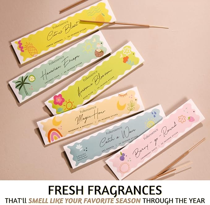 Folkulture Incense Sticks (120 Sticks) | Set of 6 Smell Like Summer Vibes Incense for Relaxation | No Charcoal,Organic,Non Toxic,45 Mins Burn Time Sea Breeze, Lemon Summer Scents Insence-Sticks