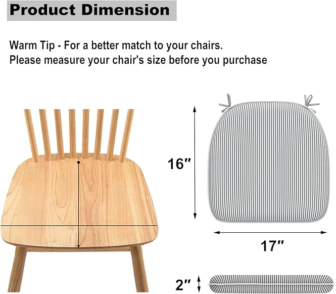 DYTXIII Set of 2 Outdoor Chair Cushions with Ties,Water Repellent Patio Chair Pads 17"x 16" for Outdoor Furniture,Round Corner Seat Cushions for Garden Yard Kitchen Stripe Gray