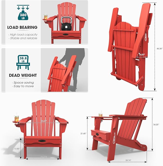 THOEOE Folding Adirondack Chair Set of 2, HDPE All-Weather Outdoor Chair with Cup Holder, Wooden Textured, Fire Pit Chair, Plastic Patio Chair for Deck, Backyard, Garden, Lawn, Red
