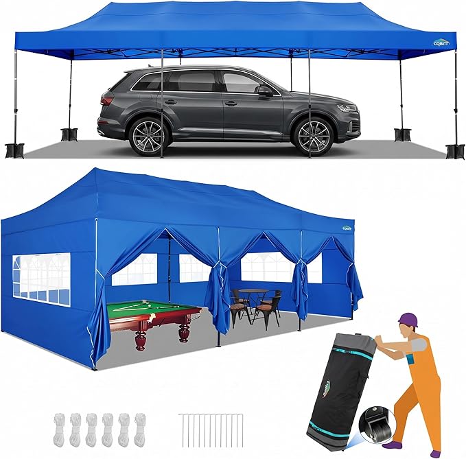 COBIZI 10x30 Pop up Carport 10x30 Canopy Tent with Sidewalls, Heavy Duty Party Tent Tents for Parties, Foldable UPF 50+ Waterproof Commercial Easy up Canopy with Wheeled Bag, Blue