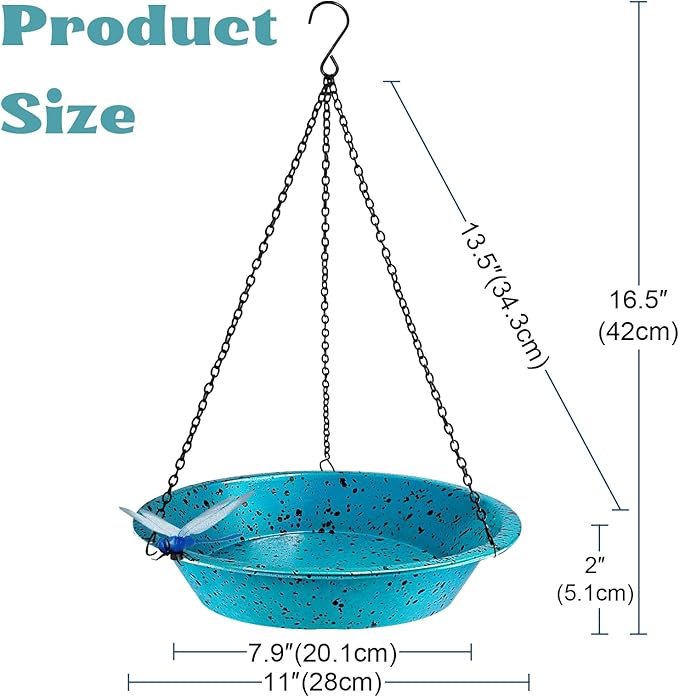 Hanging Birdbath Bird Feeder for Outdoor 11.4 inch Metal Bird Bath Bowl with Detachable Black Chain Hook Metal Dragonfly Birdbath for Garden Yard Patio Decor, Gift for Bird Lovers (Lake Blue)