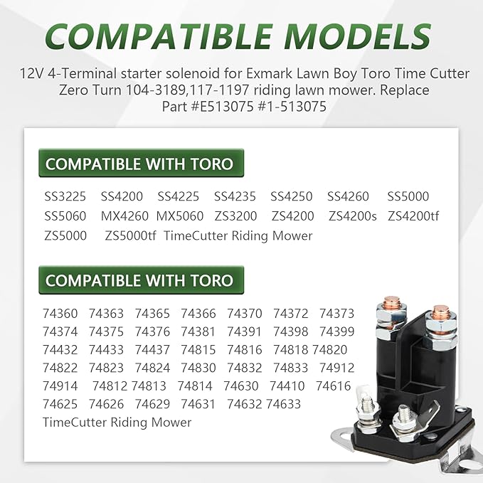 117-1197 Starter Solenoid for Toro Timecutter ss5000 z4200 ss4225 ss4235 Exmark Zero Turn Lawn Mower, Replace Part #784-1221-210 104-3189 E513075 1-513075 212655 28-4210 47-1910