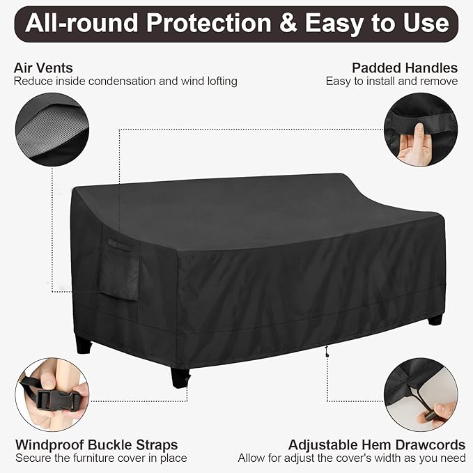 PureFit Outdoor Couch Cover Waterproof Patio Sofa Furniture Covers, 3-Seater Outdoor Cover with Air Vent and Handles, 85W x 35D x 35H Inches, Black