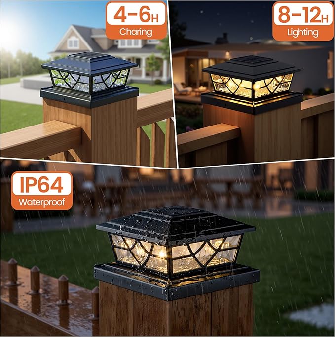 APONUO Solar Post Cap Lights 12 Pack for 4x4 5x5 6x6 Wood Vinyl Fences - IP64 Waterproof, Auto On/Off, Solar Powered Post Lights, Warm Cool White, Deck Patio Yard Decor, Black
