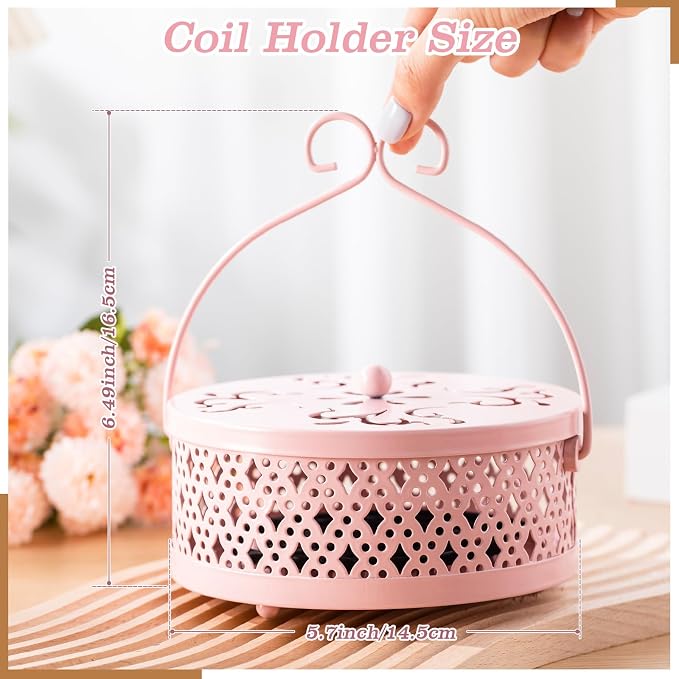 Lallisa Incense Coil Holder Sets, Round Metal Hanging Incense Burner with Handle and Lid, Portable Coil Burner Stand Container for Patio Camping Garden Home Indoor Outdoor Decor(Pink,4 Pcs)