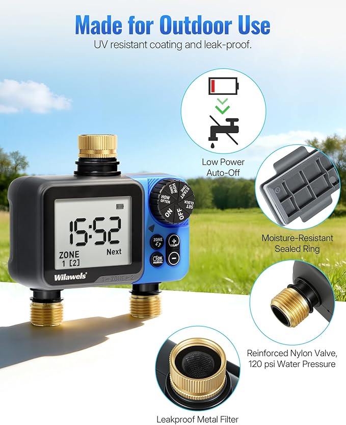 Brass Water Timer for Garden Hose, 2 Zone Sprinkler Timer, Automatic Irrigation System/Rain Delay/Manual Watering, Programmable Watering for Lawn, Yard, Drip Irrigation C92WT06