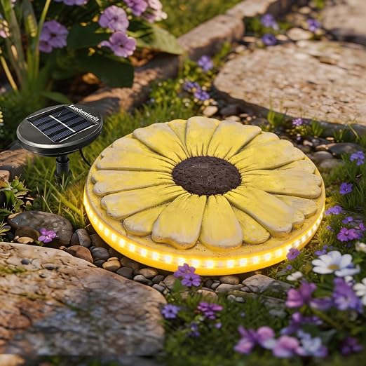 Solar Stepping Stone that Lights Up at Night, 10" Cement Daisy Flower Garden Path Stone, Non-Slip Weather-Resistant Outdoor Yard Walkway Decor (Yellow)