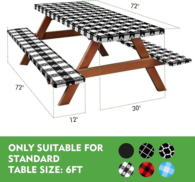 Picnic Table Cover with Bench Covers, Fitted 6ft Waterproof Tablecloth Set for Outdoor Camping & RV - Includes 1 Table Cover & 2 Bench Covers with Drawstring Storage Bag, 30"x72", Four-leaf Clover