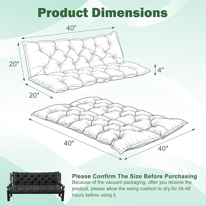 Porch Swing Cushions, 40x40 Inch Swing Cushions for Outdoor Furniture, Waterproof 2 Seater Patio Seat Cushion with Backrest, Replacement Bench Cushion for Glider, Settee, Dark Grey