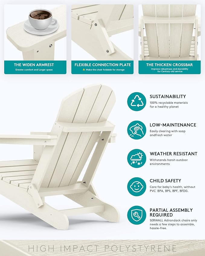 SERWALL Folding Adirondack Chair - HIPS Adirondack Chairs Outdoor Chairs Weather Resistant Fire Pit Chairs- White