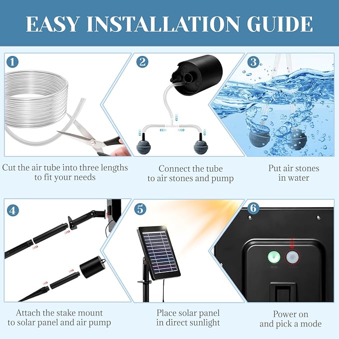 Yeomi 4W Solar Aerator Pump, Solar Pond Oxygenator with Dual Air Stones, 3 Working Modes 18/36/72H Runtime, Split Mount Solar Powered Air Pump for Outdoor Pond, Fish Tank, Water Feature Aquaculture