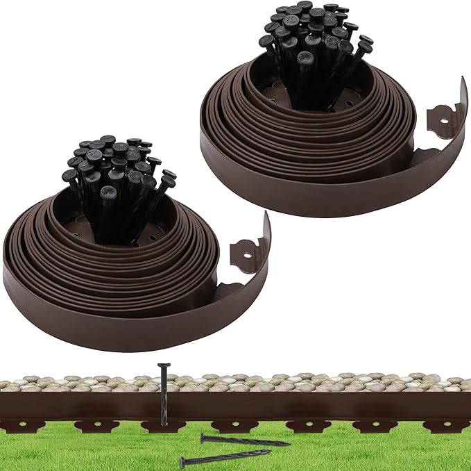 Landscape Edging Kit Flexible Lawn Edging, Landscape Edging Border 66 FT with 60 Spikes, 2" Tall No Dig Garden Edging Roll for Landscaping Flower Beds Yard Pathway (2IN x 66FT, Brown)