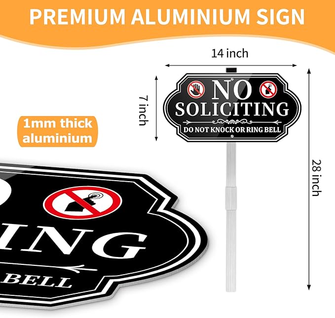 No Soliciting Sign for House, No Soliciting Yard Sign for Front Door Home, Aluminum Metal No Solicitation Sign 14 x 7 inches, with 28 inches Stake, Do Not Knock or Ring Bell