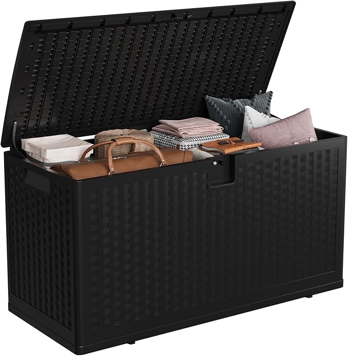 73 Gallon Outdoor Deck Box, Lockable Waterproof Outdoor Resin Box with Lid, Patio Storage Bin for Patio Furniture, Garden Tools, Pool Accessories - Brown