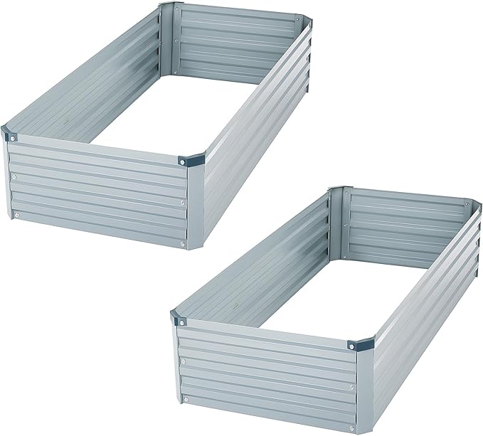 Meberam 2 Pack 4x2x1FT Galvanized Raised Garden Bed Kit, Outdoor Metal Planter Box for Vegetables, Bottomless Rectangular Gardening Bed with Support Rods, Tool-Free Assembly, Gray