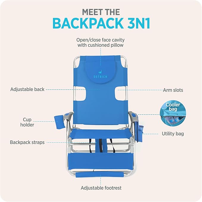 Ostrich the Backpack 3N1 Portable Chair with Cooler Bag and Reclining Lounger for Tanning, Camping, Beach, and Outdoor Essential, Blue Stripe