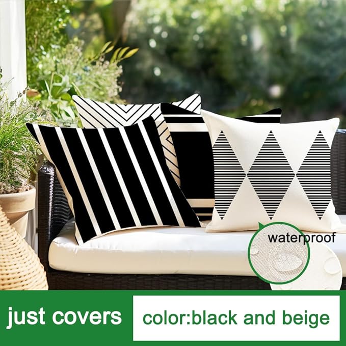 RABUSOFA Outdoor Pillows Waterproof,16x16 inch Black and White Boho Set of 4 for Patio Furniture,Sunbrella Outdoor Cushion Covers(no Insert)