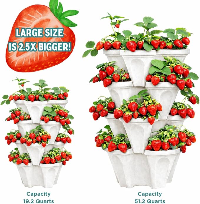 Vertical Garden Planter 4 Tier Stackable System 16 Plants, Space Saving Herb, Strawberry & Food Crop Planter with Center Support Hole for Indoor Outdoor Gardening (4, Stone, Large)