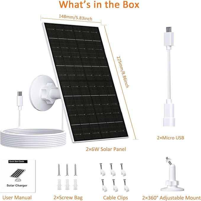 FUTUREZEN 6W Solar Panel for Security Camera Outdoor, 5V USB/USB-C Solar Charger Compatible with Rechargeable Battery Cameras, IP66 Waterproof, 360° Adjustable Mount, 9.8ft Cable (2 Pack, White)