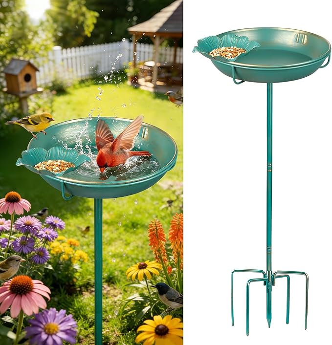 Mellbree Metal Bird Bath for Outside, 10" Dia 39" H Lake Blue with Gold Gilding, Freestanding with Perch & Feeder Bowl, Multi-Functional for Garden Patio Yard Lawn Outdoor Decor