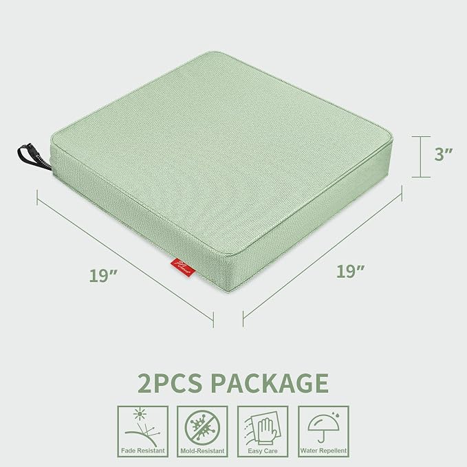 Patio Chair Cushions 19x19 Inch, Water Repellent Outdoor Seat Cushions with Adjustable Straps, Fade Resistant Replacement Cushions for Garden Deck Sofa Couch, Set of 2, Light Green