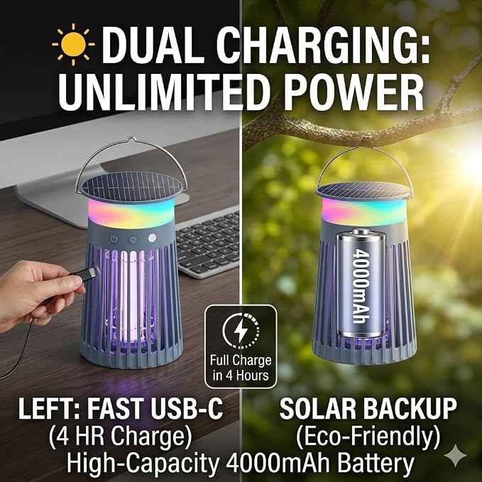 Solar Bug Zapper Outdoor & Indoor, 4200V Electric Mosquito Killer w 4000mah USB Rechargeable Battery, Fly Trap for Gnat, Fruit Fly, Moths, Portable Pest Control for Camping, Garden, Patio